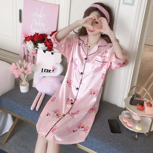 pink panther Silka Surplus женское летнее нижнее белье и пижама ночная шелковая ночная сорочка мягкая свободная ночная рубашка размера плюс 5XL Пижама - Цвет: pink panther