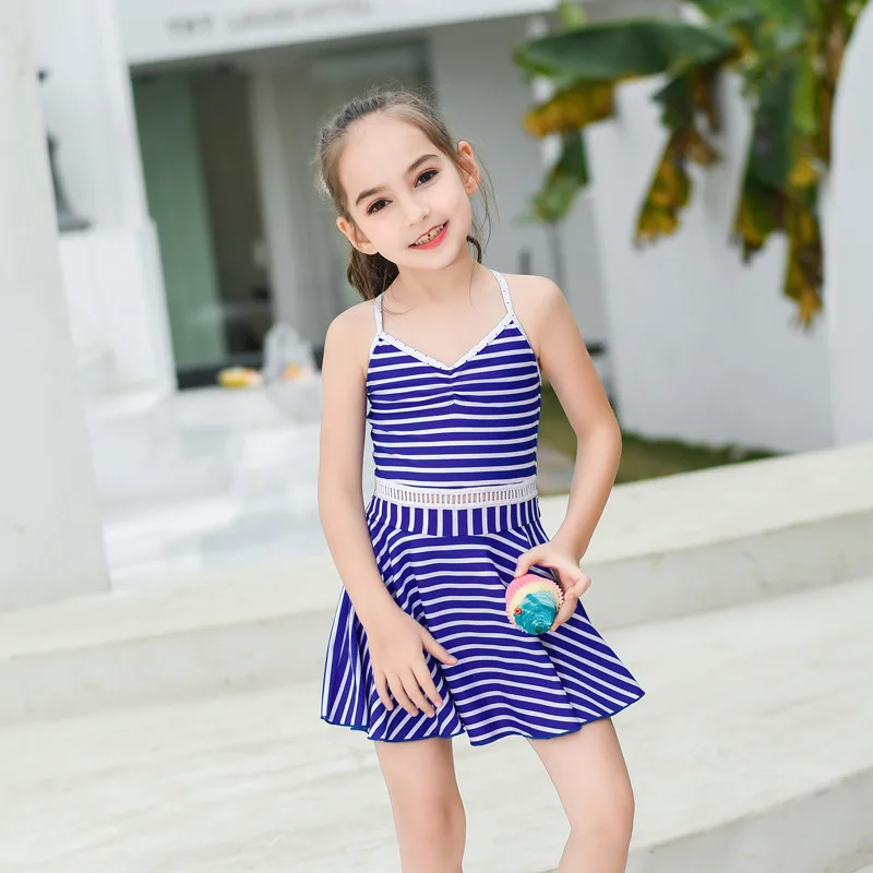 Kids Swim Dress Summer Baby Girls Striped Bikinis Set Swimsuit Surf Swimwear Children Biquini Beach Wear Bathing Suit Sportswear | Спорт и