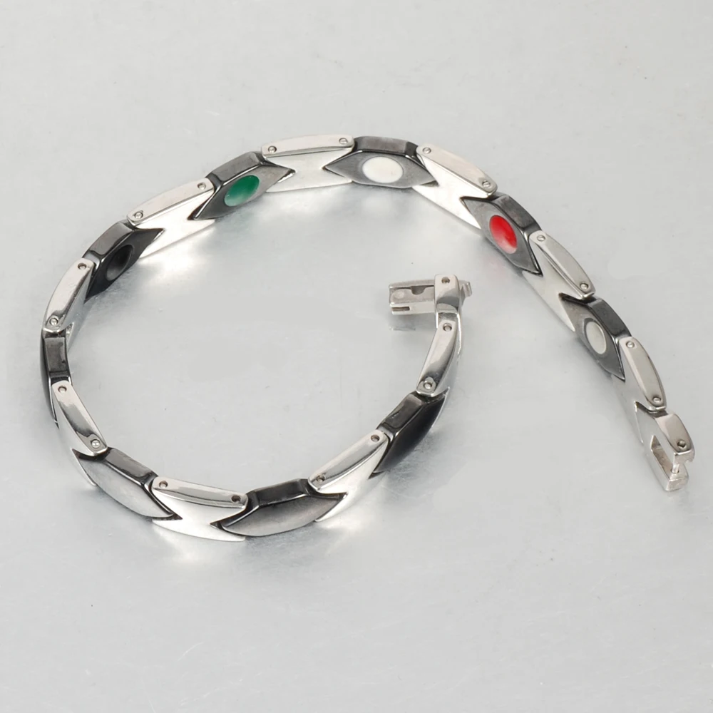Браслет Wollet Jewelry из нержавеющей стали с чёрной керамикой и магнитами для женщин 5 в 1, уход за здоровьем и энергетическое лечение.