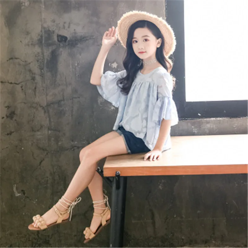 Комплекты летней одежды для девочек шифоновый топ с расклешенным рукавом
