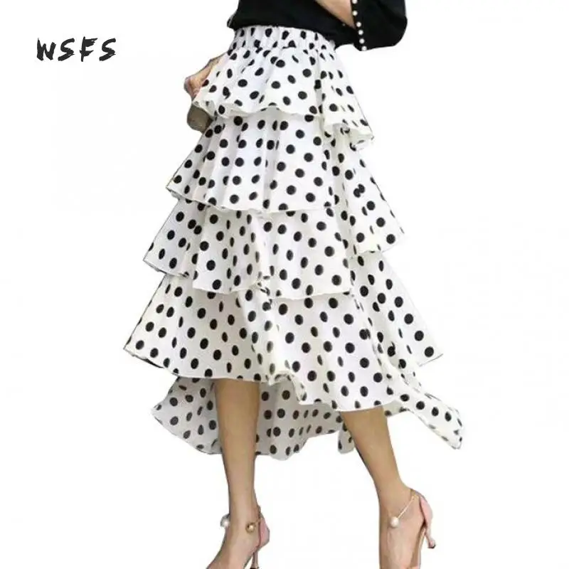 Wsfs летняя шифоновая бот юбка черная белая эластичная талия оборки длинные юбки