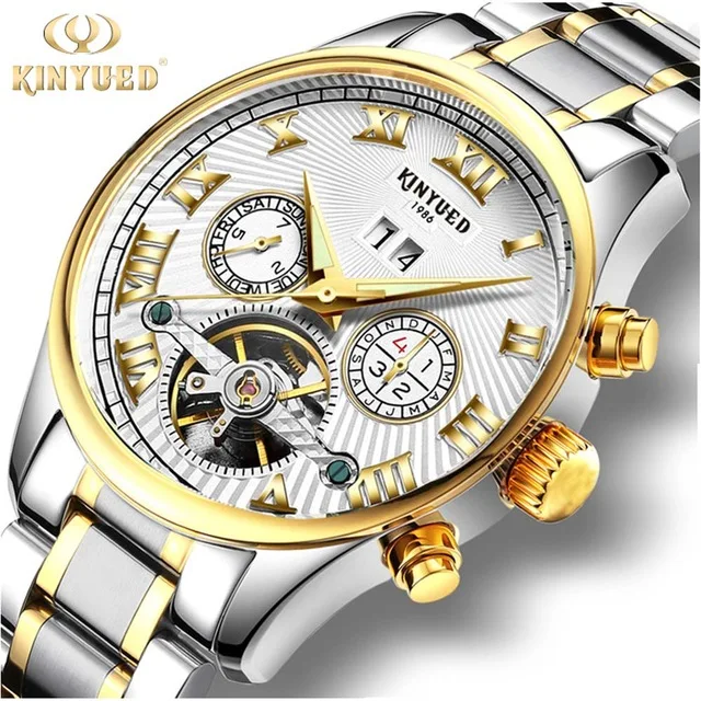 Gold White Steel KINYUED Automatic Mechanical Watches Men Top Brand Luxury Tourbillon Stainless Steel Waterproof Man Watch Reloj Hombre - Цвет: Gold White Steel