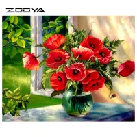 zooya diamond embroidery 5d diy diamond painting red flower vase windowsill diamond painting cross stitch rhinestone mosaic by09