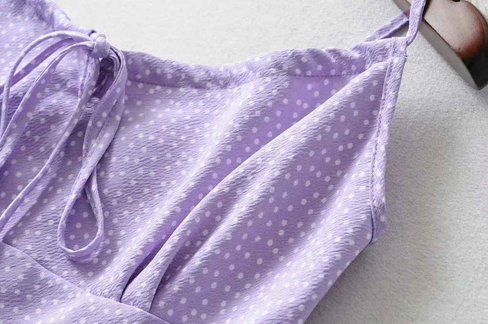 Bazaleas Франция Спагетти ремни фиолетовое винтажное платье-миди Mauve горошек печати летнее платье Мода vestidos тонкий Прямая поставка