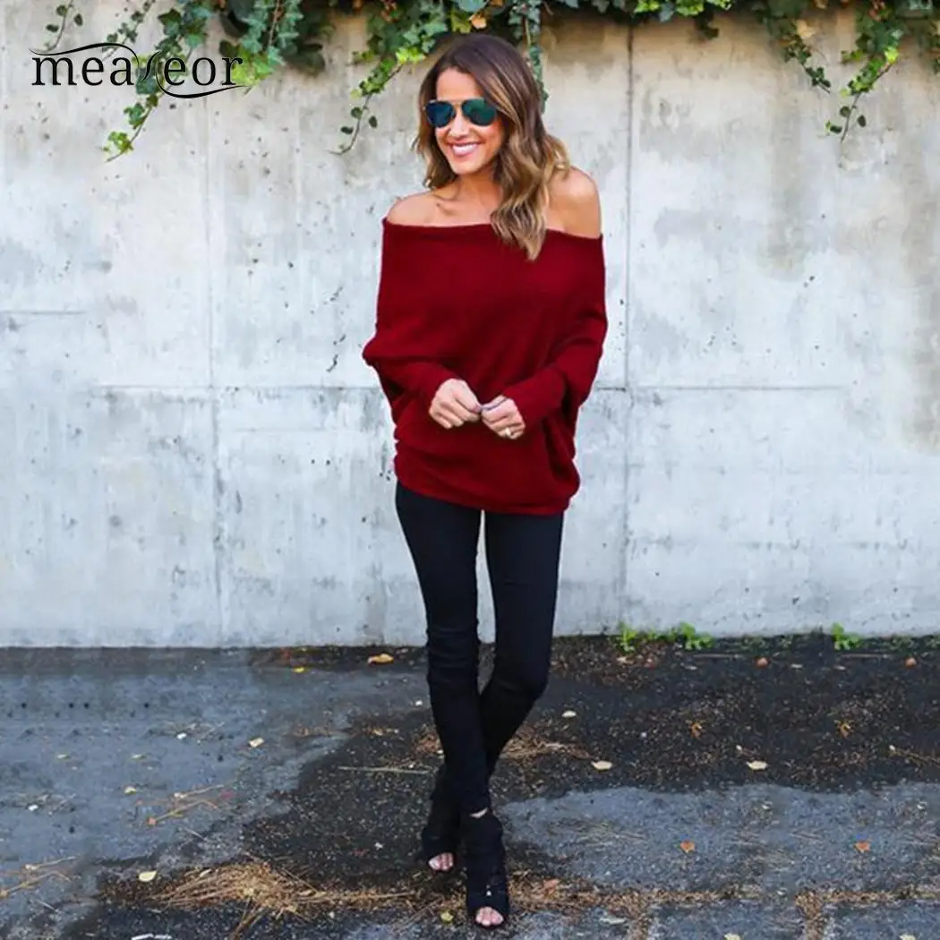Meaneor One Shoulder Women Sweaters Batwing Sleeve Baggy Ladies Pullover Tops Autumn Spring Knitted Sweater Solid | Женская одежда