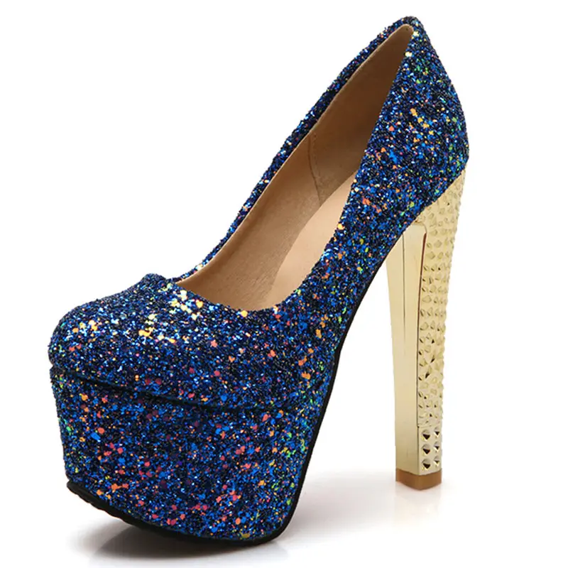 Lasyarrow Brand Shoes Women Platform High Heels Pumps Round Toe Bling Bling Silver Party Wedding Shoes Thick Heels Big Size F79