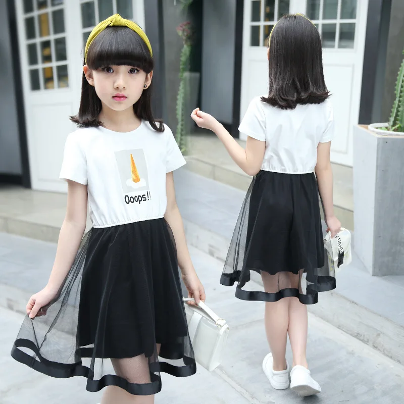 

Teen Girls Dresses Summer Girls Clothes Chiffon Print Black Mesh Lace Party Girls Princess Dress 3-12 Years Kids Dress Children