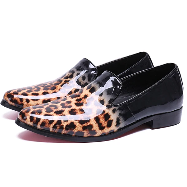 Handmade Leopard Patent Leather Slip On Men Loafers Casual Shoes Shinny Round Toe Printing Red Bottom Flat Moccasin | Обувь