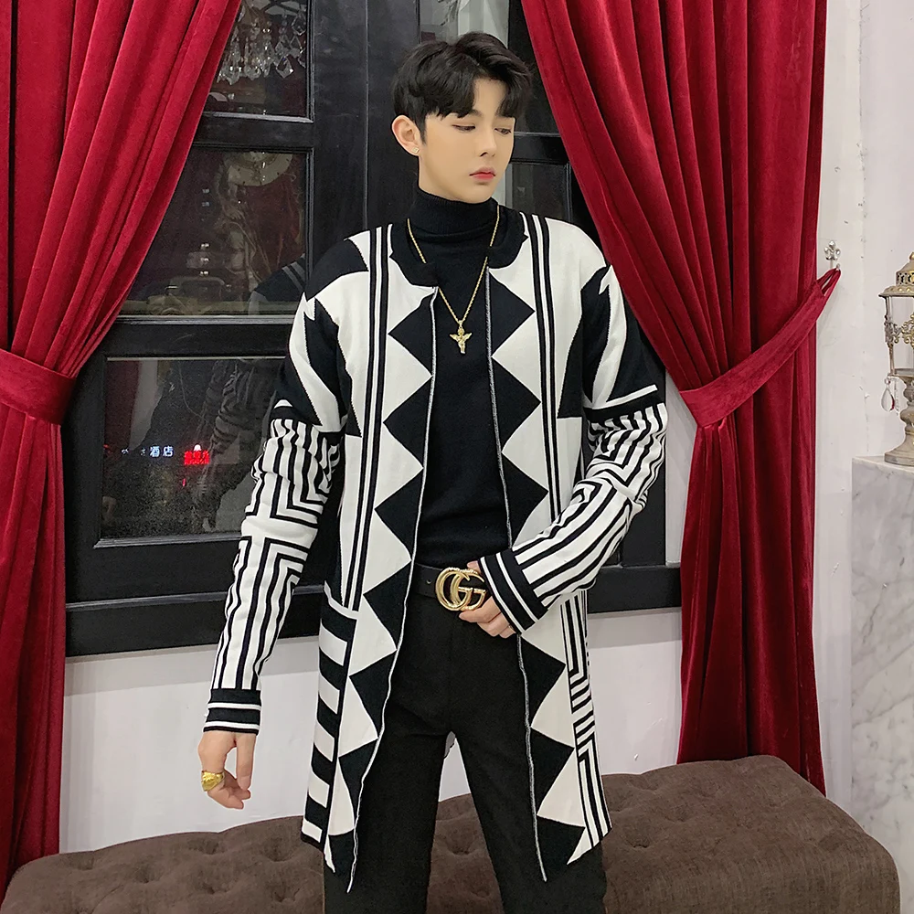 

M-XXL! Spring designer geometric pattern long knit windbreaker tide men's jacquard sweater Slim long-sleeved cardigan.