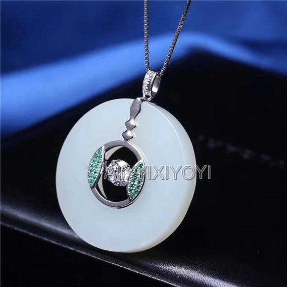 Beautiful Real 925 Silver White HeTian Jade 35mm Round Buckle Lucky Pendant + Free Necklace Fine Jewelry Certificate | Украшения и