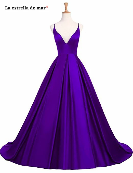 

Vestidos de formatura longo 2021 sexy V neck satin Spaghetti Strap backless a Line Royal blue burgundy purple prom dresses