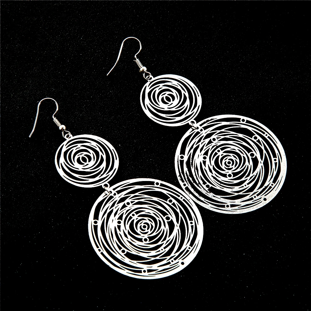 ISHOW Antique Silver Plated Round Copper Sheet Hollow Rose Flower Chain Necklace and Dangle Drop Earrings Jewelry Set for Women | Украшения