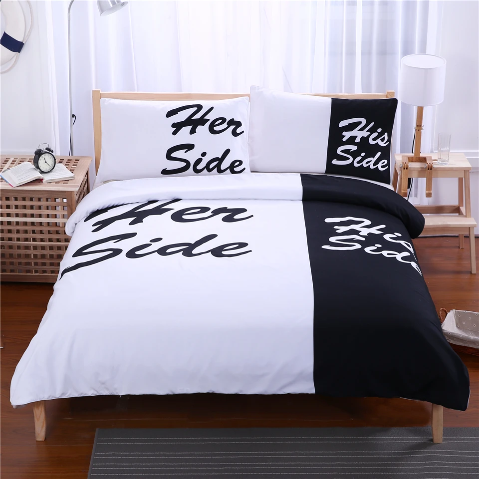 Free Shipping Her&ampHis Duvet Cover Set Single/Twin Double/Full Queen King Size 3Pcs White&ampBlack/Blue/Red Bedding | Дом и сад