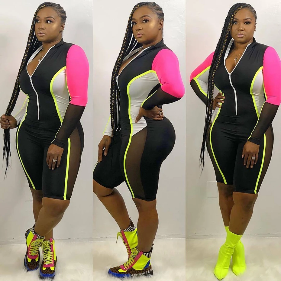 

Women Sexy Zip V Neck Bodysuit Long Sleeve Shorts Jumpsuit Color Block Sheer Mesh One Piece Rompers Night Club Bodycon Playsuits