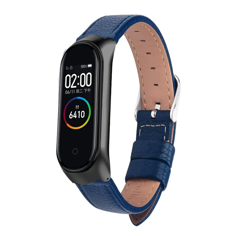 black-blue Mi Band 3 4 Металлический ремешок без винтов из нержавеющей стали для Xiaomi Mi Band 4 3 Кожаный ремешок Miband 4 3 Браслеты Pulseira pu - Цвет: black-blue