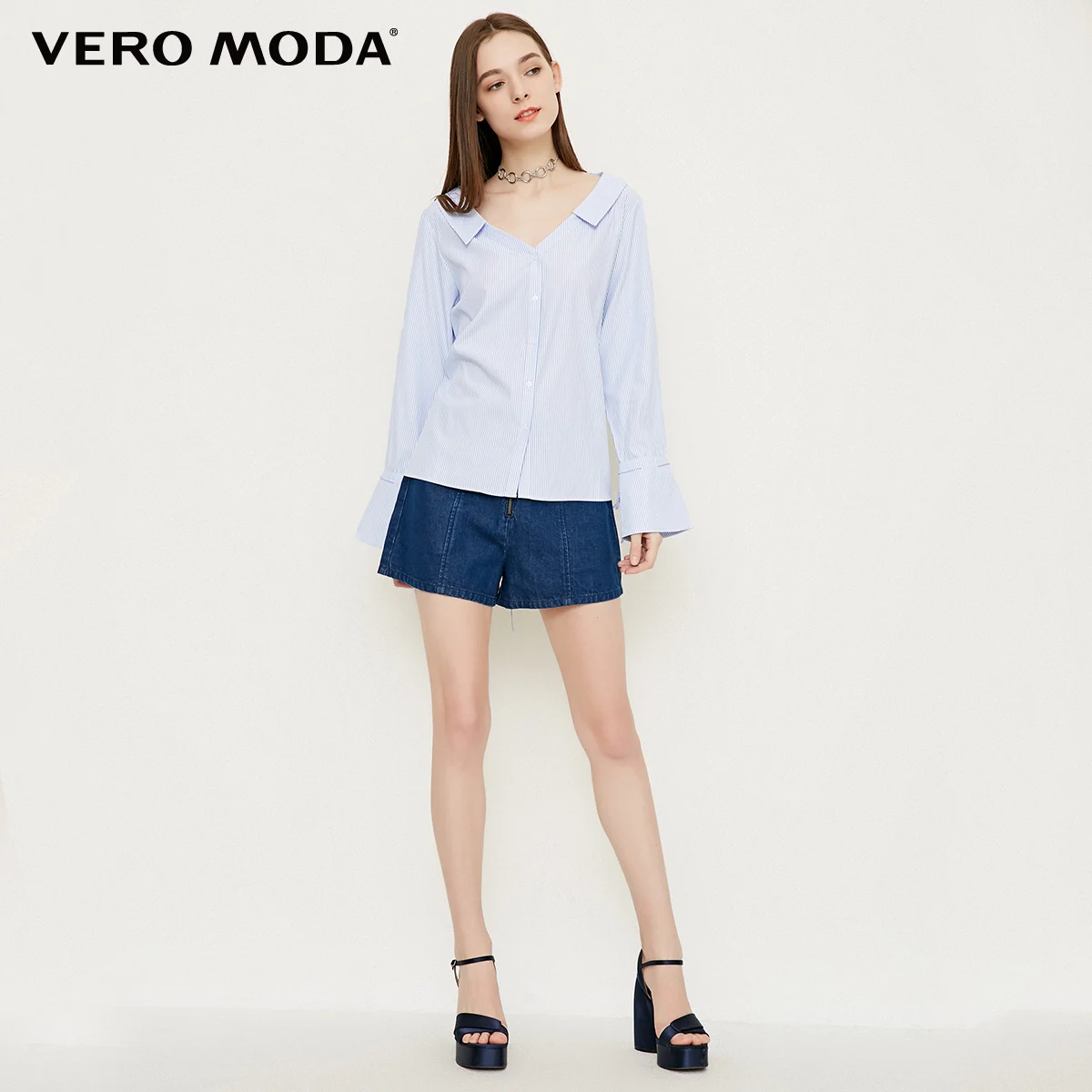 Vero Moda 2019 Весна Лето Новая женская рубашка с отложным воротником в полоску