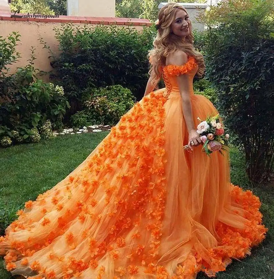 Оранжевый Lakshmigown Цветочные оранжевые пышные платья бальное платье Vestidos de 15 anos принцесса сладкое 16 день рождения платья - Цвет: Оранжевый