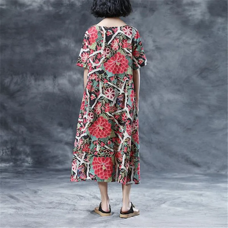 BUYKUD Women 2018 Floral Summer Printed Pleated Long Dress Short Sleeve Round Neck Casual loose Multi Color Dresses With Pocket | Женская