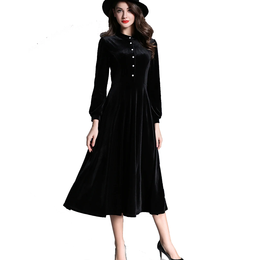

2018 Winter Dresses Black Long Sleeve Slimming Velvet Dress Stand Collar Corduroy Dress A Line Vintage Dress Sexy Vestidos