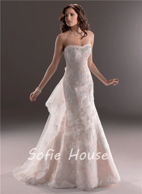 Elegant long mermaid sweetheart removable bow train crystal beaded white lace pink satin wedding dresses 2014 | Свадьбы и торжества
