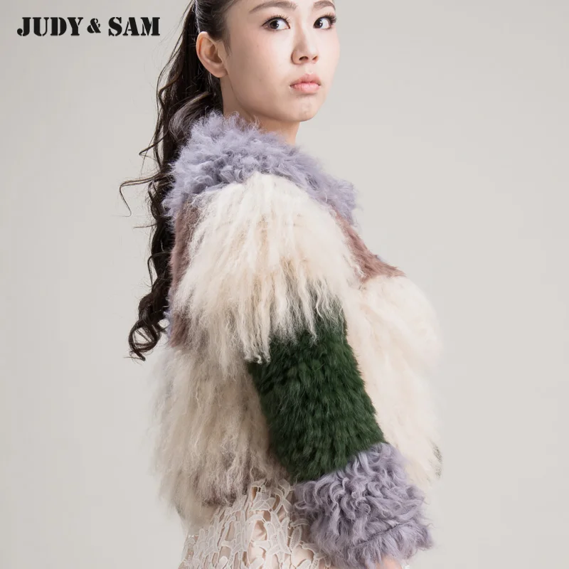 Женское пальто с длинными рукавами из натурального овечьего меха цветной в виде