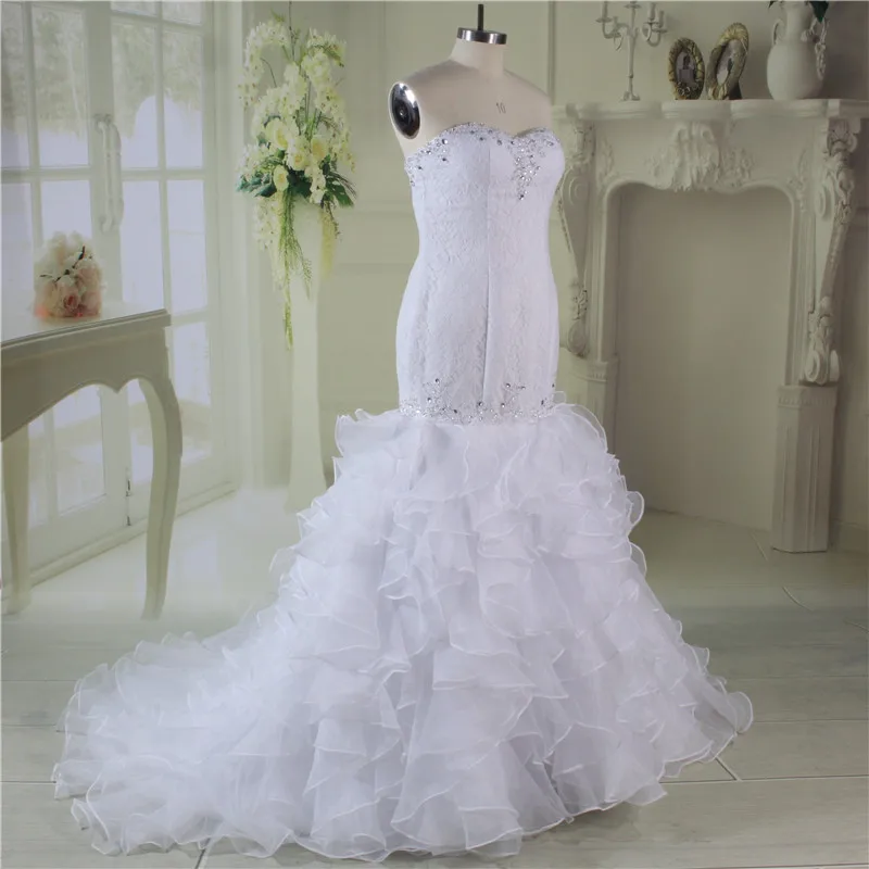 Fashion White Vestido de Noiva Organza Tiered Ruffles Mermaid Wedding Dress 2019 Lace Formal Bridal Gown robe mariee | Свадьбы и