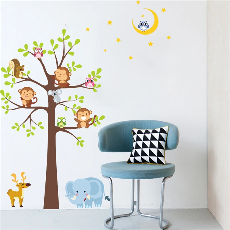 Забавные наклейки на стену в виде обезьяны слона дерева для детской комнаты