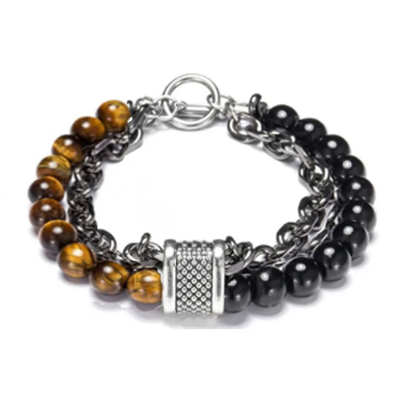 Tiger eye bright Панк натуральный камень тигровый глаз мужской браслет из бисера нержавеющая сталь звено цепи Пара Браслеты femme мужские ювелирные изделия Прямая поставка - Окраска металла: Tiger eye bright