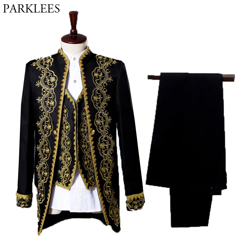 Mens Gold Embroidery 3 Piece Tuxedo Suit (Jacket+Pants+Vest) Party Wedding Festival Costume Homme Singer Opera Stage Suit Jacket