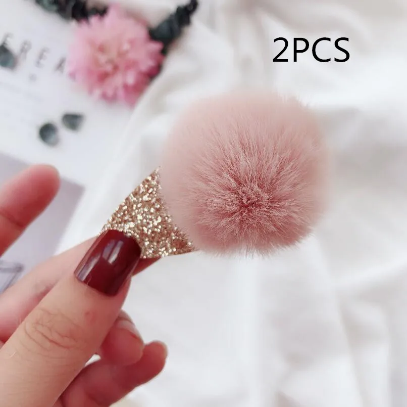 2pcs-pink 2-5 шт 5 см помпон блестящий зажим для волос шерстяной шарик толстые эластичные резинки для волос Галстуки Детские волосы для девочек Аксессуары подарок - Цвет: 2pcs-pink