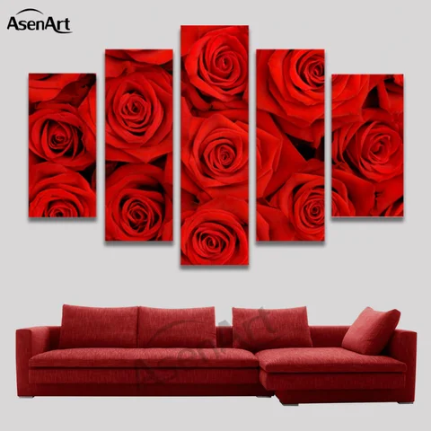 Романтическая красная роза для декора стен, печать на холсте, картины для спальни, Современный домашний декор, без рамки, 5 панелей