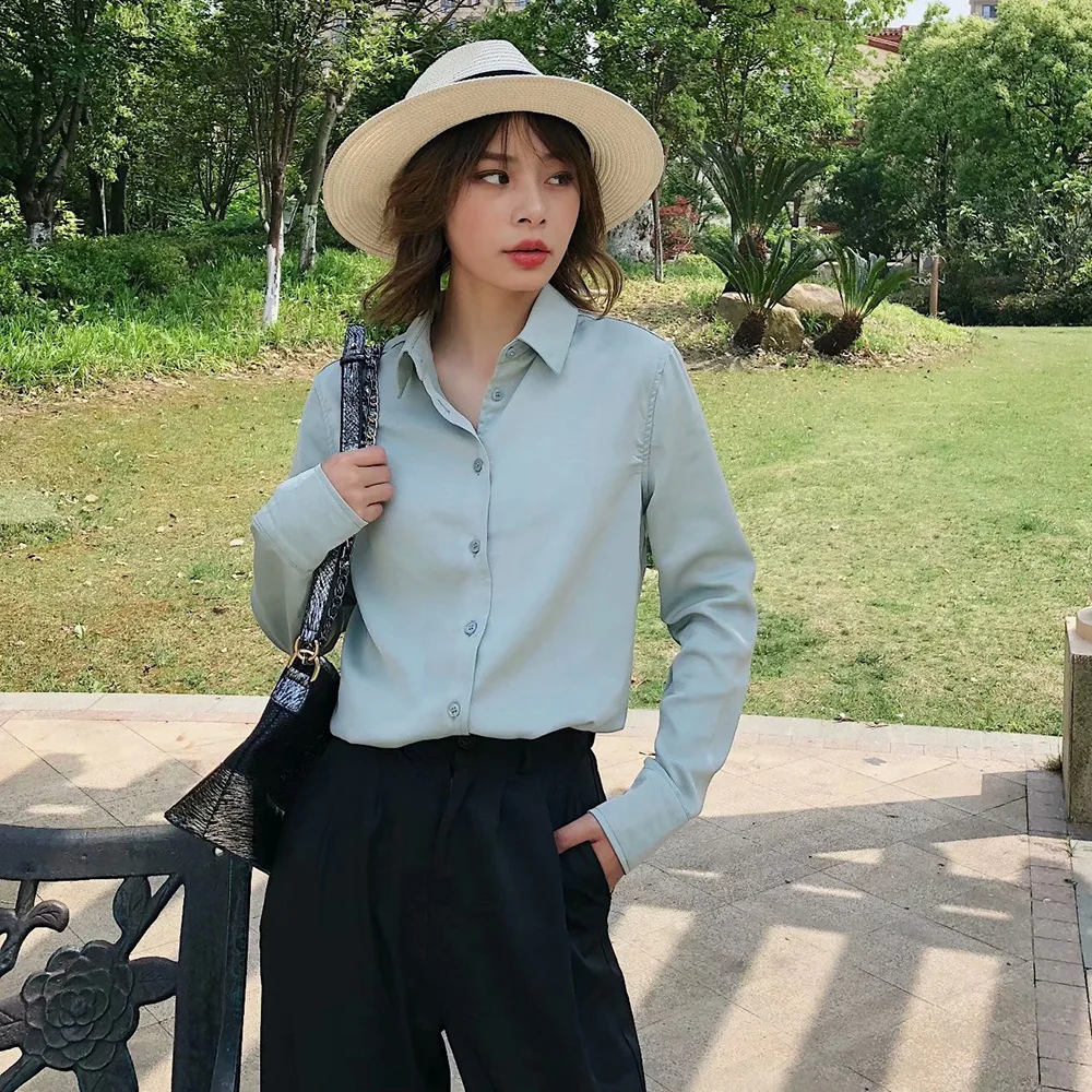 Отложной воротник однотонная Базовая рубашка для женщин модная офисная женская