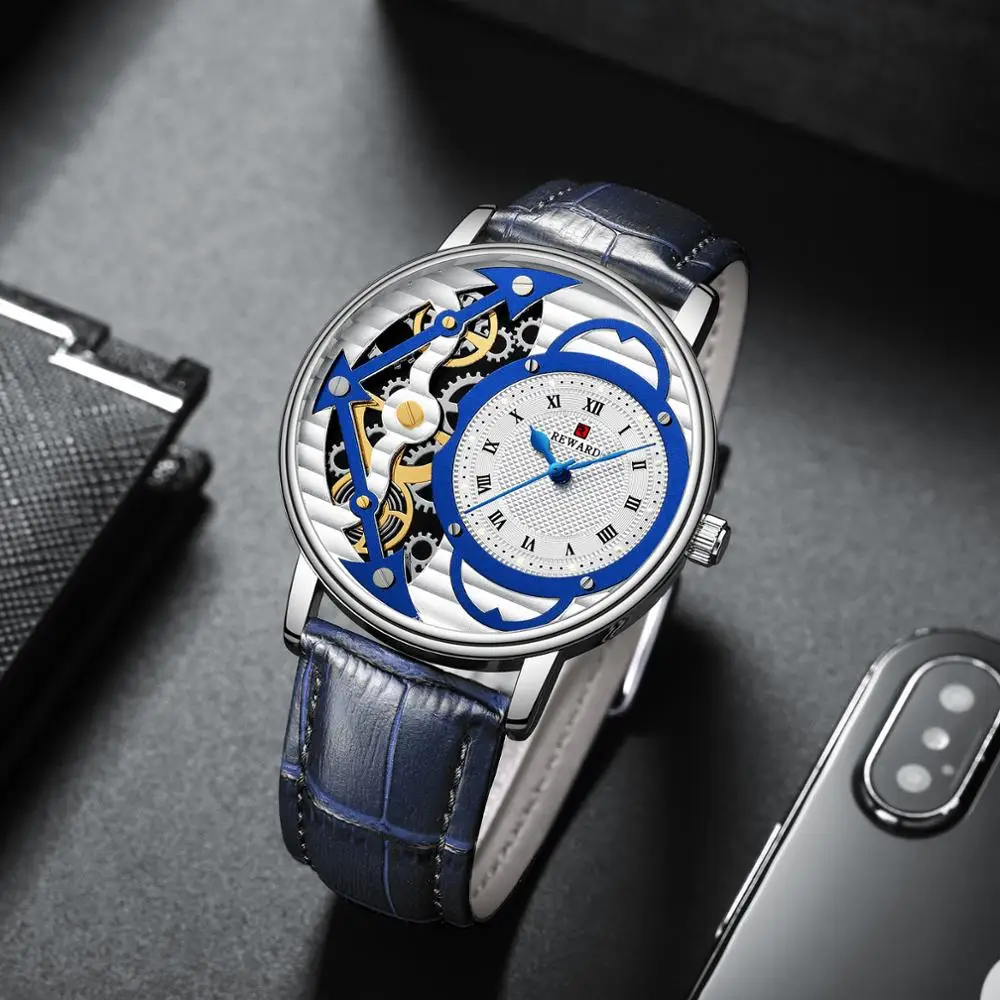 REWARD Hollow mechanical Business Men's Watch Japan import Movement Waterproof Leather strap watch male relogio masculino | Наручные