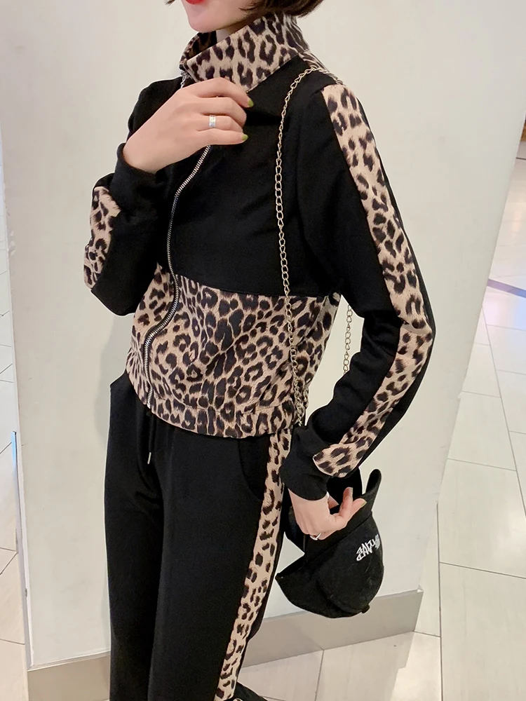 Leopard Patchwork Knitting 2 Piece Set Women's Long Sleeve Zipper Jacket Coat+Pocket Pencil Pant Sweater Tracksuit Trousers | Женская