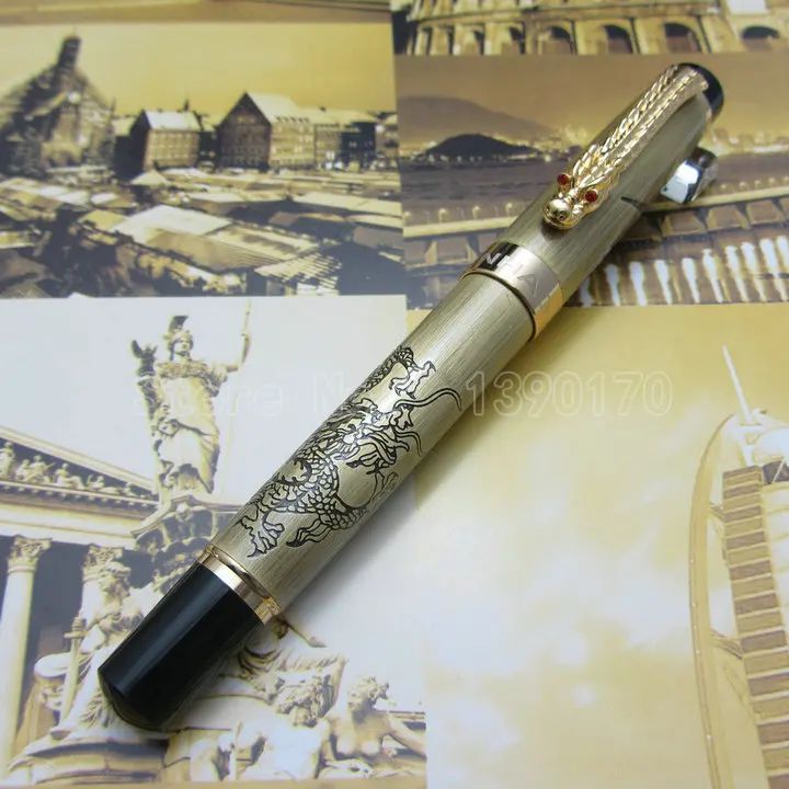 Brass JINHAO K600 гравировка Дракон и клипса с драконом перьевая ручка металлическая подарочная ручка чернильная ручка - Цвет: Brass