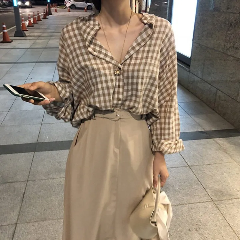 Милые сладкие Топы Женская мода темперамент леди корейский дизайн Блузы «бойфренд» рубашки милые девушки Кнопка плед свободные рубашки 832