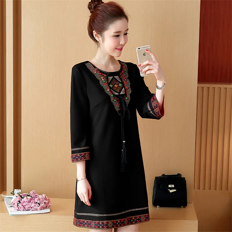 Женское платье с вышивкой свободное круглым вырезом весна осень 2019|autumn women dress|loose