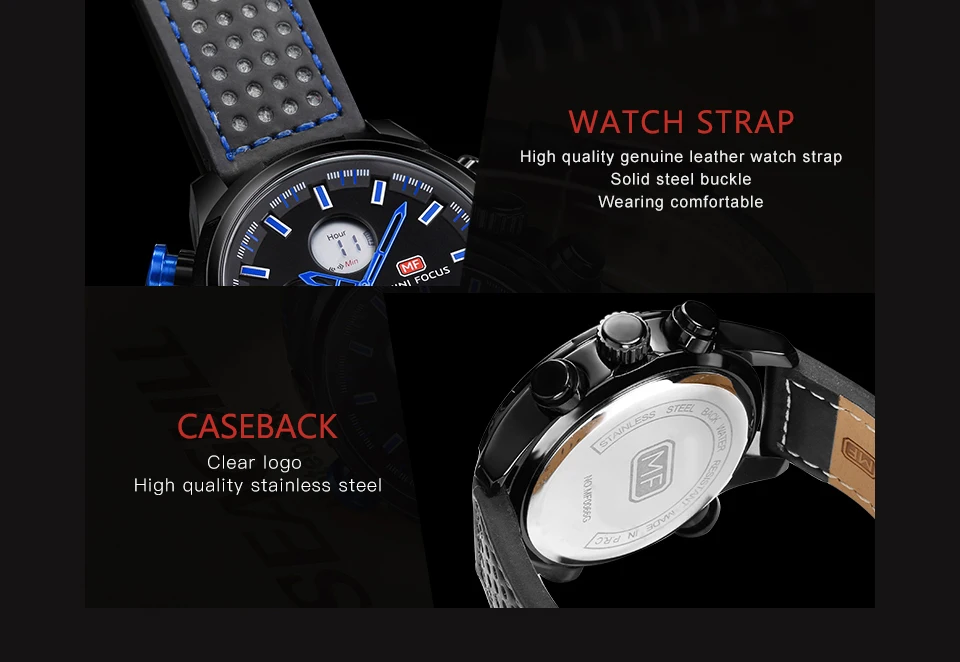 MINIFOCUS военные спортивные Dual Time Часы Для мужчин сигнализации Calendar Chronograph кожаный