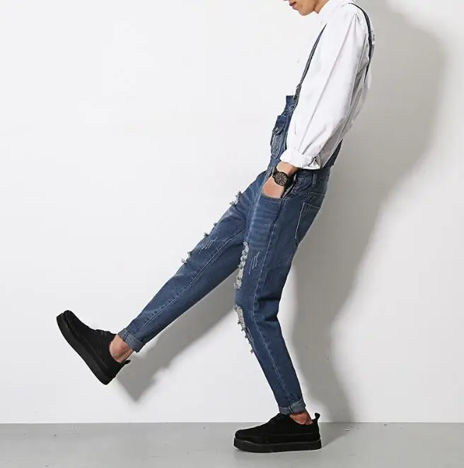 2019 мужские повседневные джинсы на лямках Модные простые рваные комбинезоны с