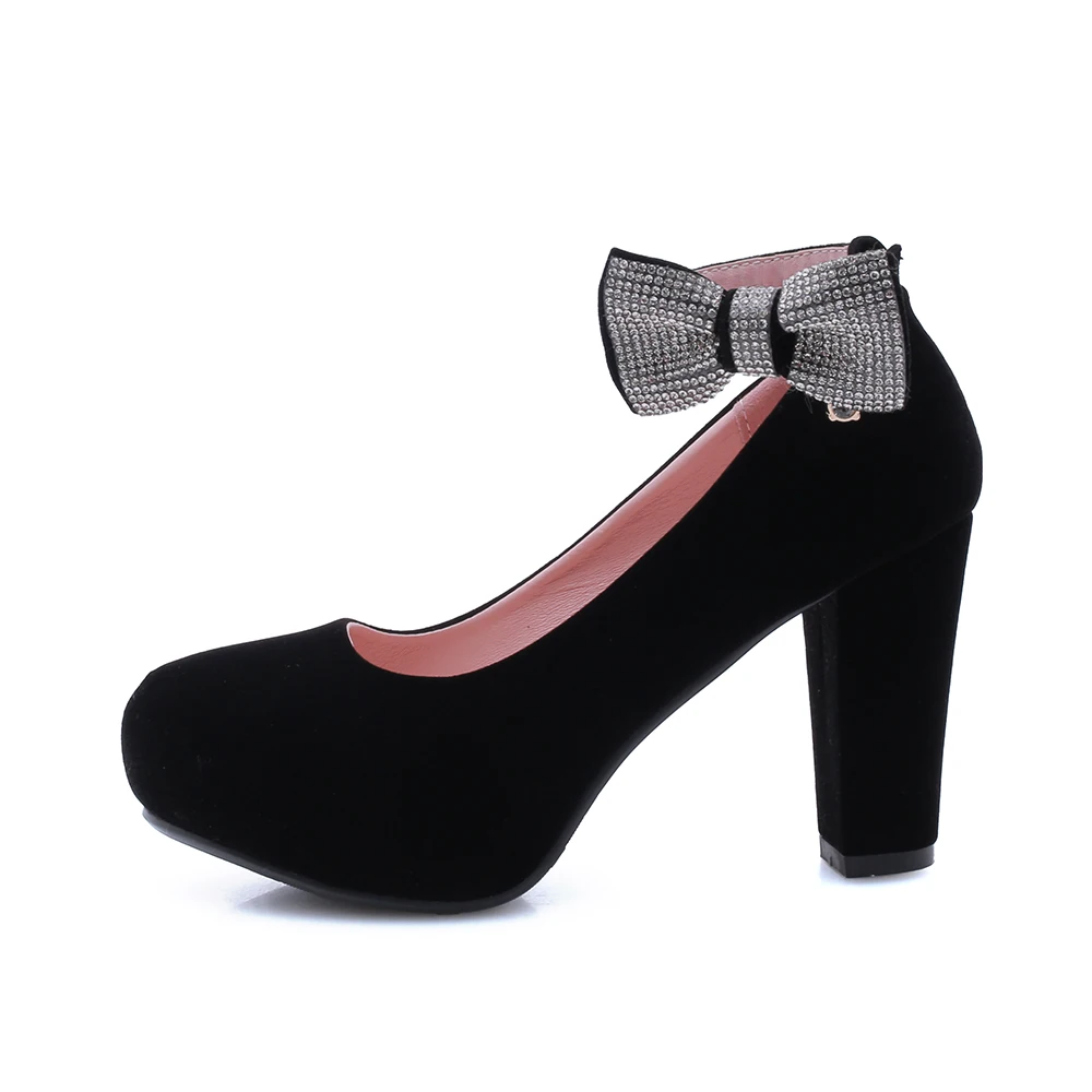 2019 New Female Flock Platform High Heels Bow Knot Square Pumps Buckle Spring Autumn Shoes Blue Red Black | Обувь