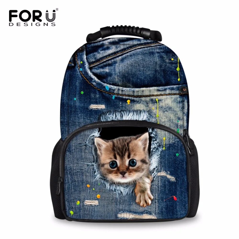 FORUDESIGNS/джинсовые милые большие школьные сумки с 3D котом и собакой; женский рюкзак; Повседневный школьный рюкзак для книг; дорожный рюкзак; Mochila рюкзак Escolar