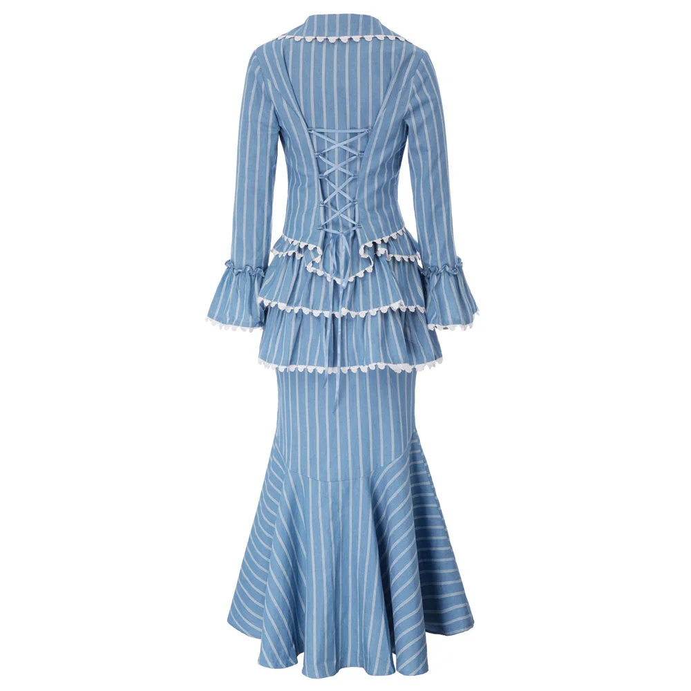 Женский полосатый Готический стимпанк Edwardian VTG Блейзер Пальто юбка платье комплект костюм