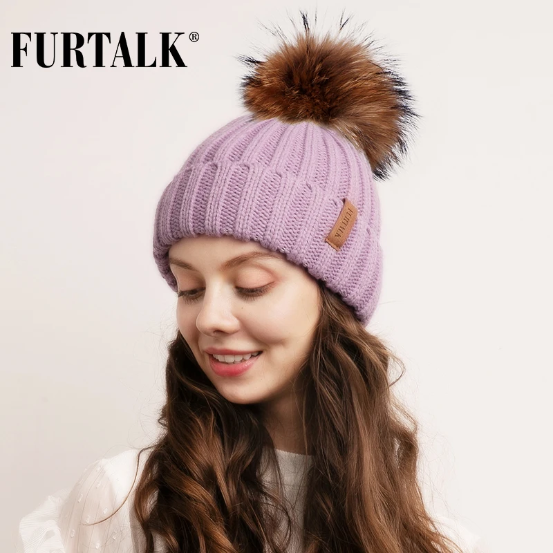 Шапка из натурального меха с помпоном Зимняя женская шапка FURTALK Вязаная теплая