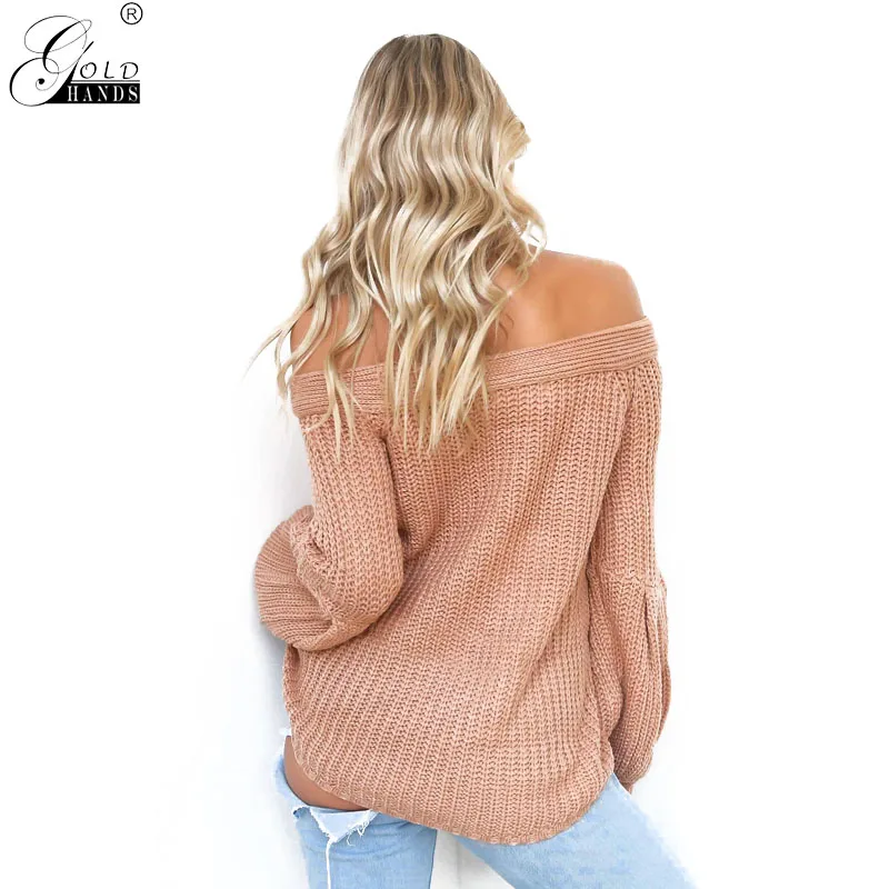 Gold Hands Autumn Winter Female Street Wear Slash Neck Knitted Solid Sweater Lantern Sleeves Pullover Free Shipping | Женская одежда