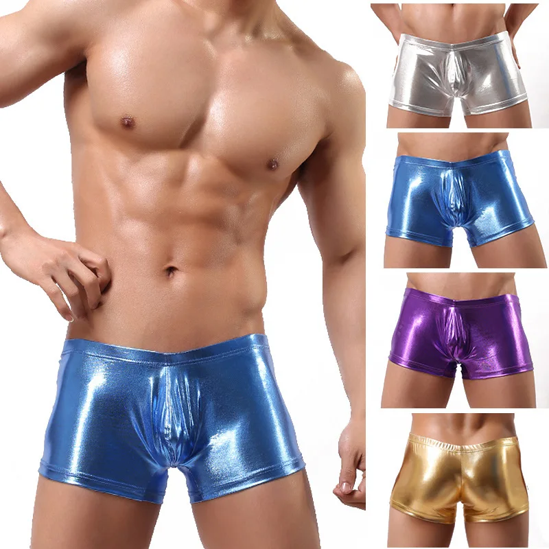 2018 Nightclub Hot Underwear Men's Shorts Boxers Sexy U convex Patent leather Solid Top Male Brand Man Underpants GAY Size S-XL |