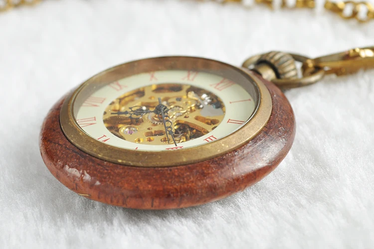 wholesale price good quality antique vintage classic gift for men wood brass case short chain mechanical pocket watch PJX1041 | Наручные