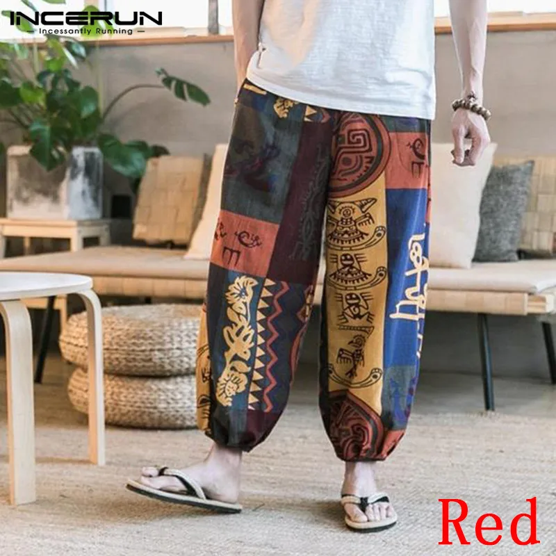 Red Pants INCERUN Винтаж принт хип-хоп мужские шаровары Хлопок Свободные Ретро широкие брюки тайский этнический стиль брюки мужские уличная - Цвет: Red Pants