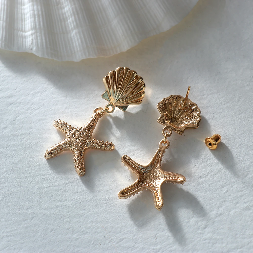 1Pair Summer Retro Fashion Shell Earrings Women Gold Color Geometric Irregular Starfish Conch Statement Jewelry Accessories