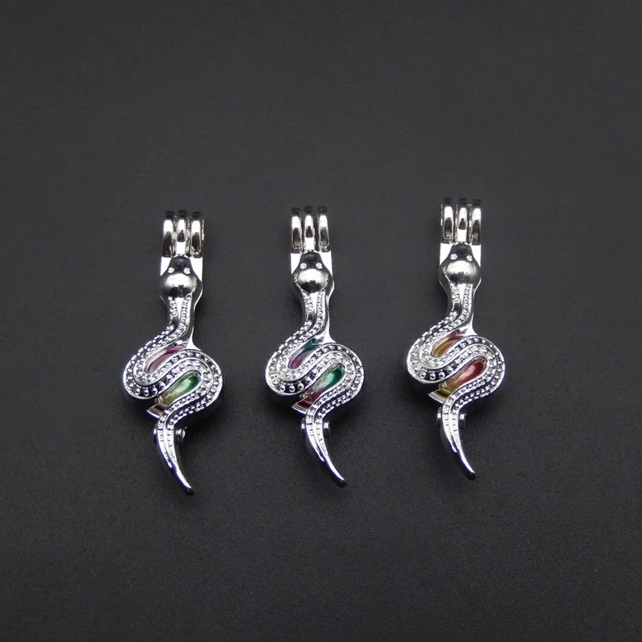 

10pcs Bright Silver Evil Snake Pearl Cage Jewelry Making Bead Cage Pendant Aroma Essential Oil Diffuser Locket For Oyster Pearl