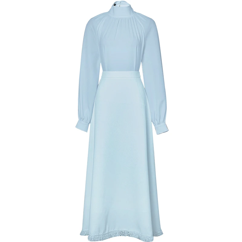 2019 Newest Pretty Solid Draped Sets Women High Quality Lantern Sleeve Stand Collar Shirts +Long A-Line Skirt 2 Pieces Set C3316 | Женская